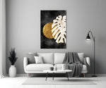 Boho-luxe gold disc cinematic glass wall art in boutique-hotel suite