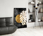 Matisse-style cut-out cinematic glass wall art beside master-bedroom dressing table