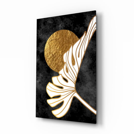 Gold moon monstera boho-luxe cinematic glass wall art over walnut console in designer bedroom