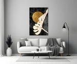Boho-luxe gold disc cinematic glass wall art in boutique-hotel suite