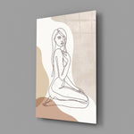 Matisse-style minimalist cinematic glass wall art in wellness studio reception