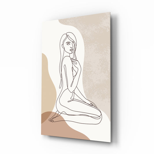 Boho line nude earth-tones cinematic glass wall art over walnut console in designer bedroom