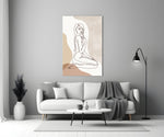 Continuous-line woman cinematic glass wall art in boutique cafe entry