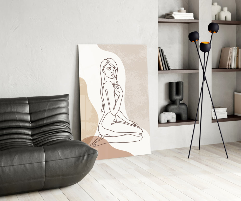 Picasso-line-drawing cinematic glass wall art beside master-bedroom dressing table