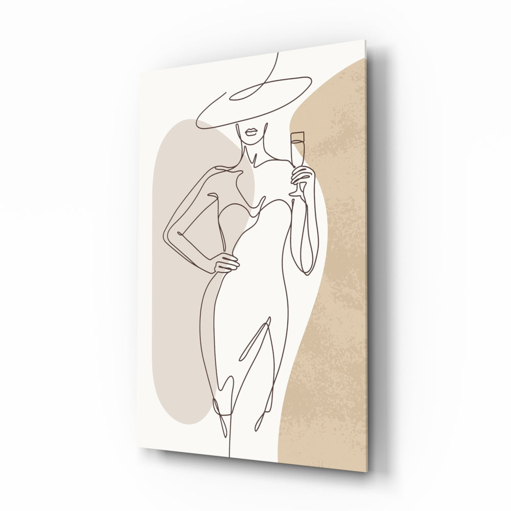 Boho line elegant woman cinematic glass wall art over walnut console in designer bedroom