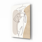 Boho line elegant woman cinematic glass wall art over walnut console in designer bedroom