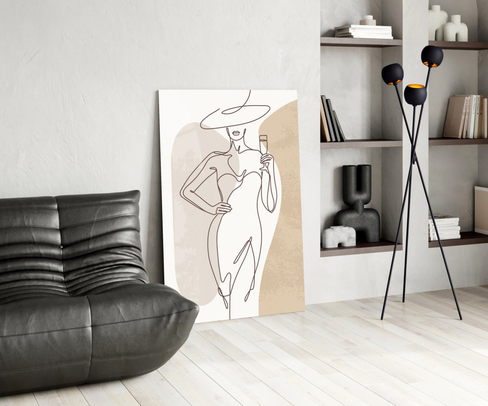 Picasso-line-drawing cinematic glass wall art beside master-bedroom dressing table