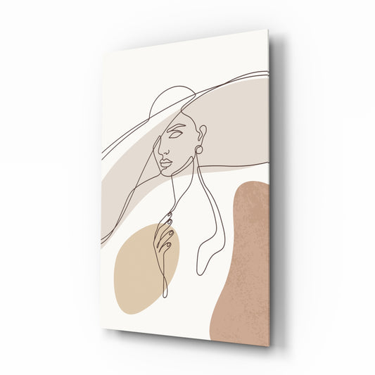 Boho line sun-hat woman cinematic glass wall art over walnut console in designer bedroom