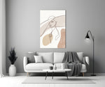Continuous-line woman cinematic glass wall art in boutique cafe entry