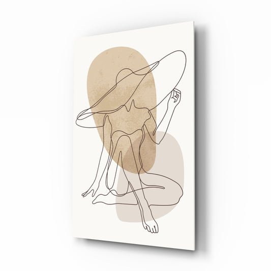Boho line seated woman cinematic glass wall art over walnut console in designer bedroom