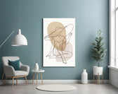 Earth-tone boho cinematic glass wall art in feminine-luxe powder-room