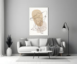 Continuous-line woman cinematic glass wall art in boutique cafe entry