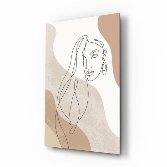 Boho line long-hair woman cinematic glass wall art over walnut console in designer bedroom