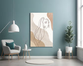 Earth-tone boho cinematic glass wall art in feminine-luxe powder-room