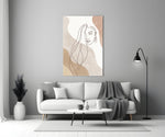 Continuous-line woman cinematic glass wall art in boutique cafe entry