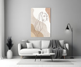 Continuous-line woman cinematic glass wall art in boutique cafe entry