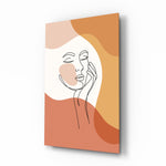 Boho line hand-to-cheek woman cinematic glass wall art over walnut console in designer bedroom