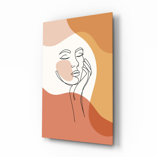 Boho line hand-to-cheek woman cinematic glass wall art over walnut console in designer bedroom