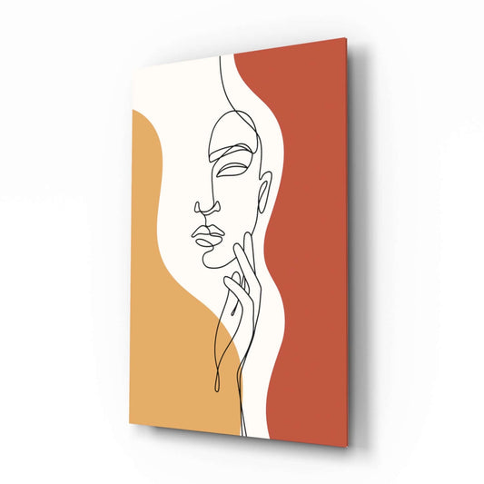 Boho line hand-to-throat woman cinematic glass wall art over walnut console in designer bedroom