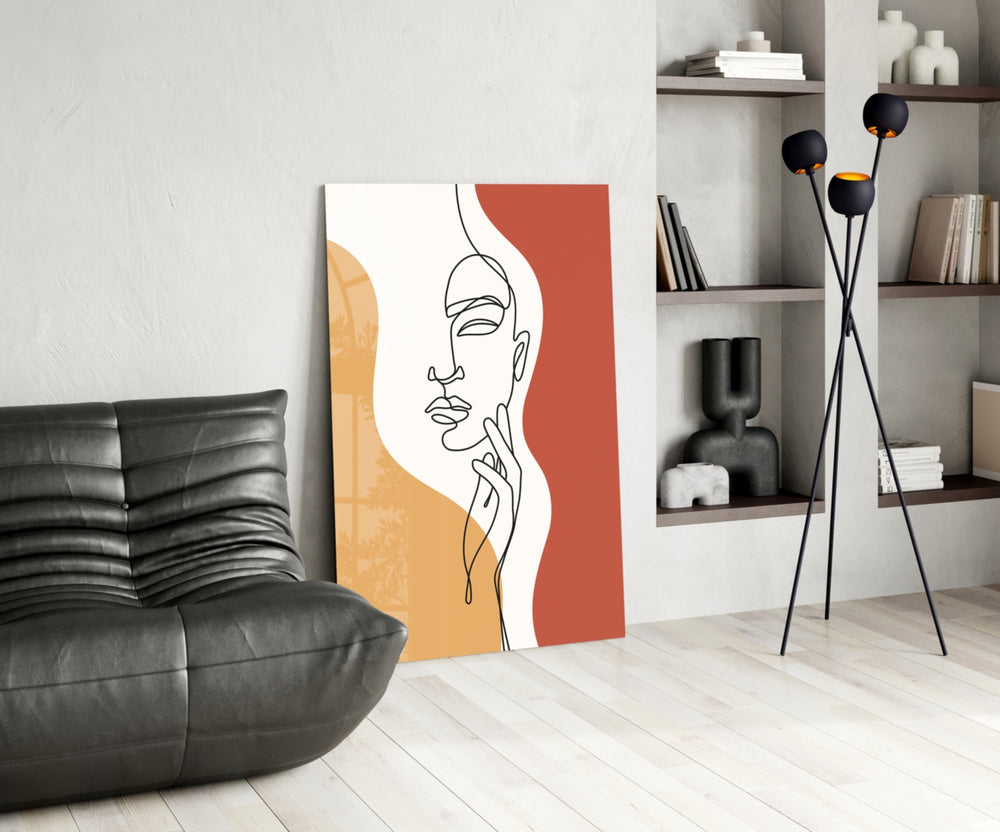 Picasso-line-drawing cinematic glass wall art beside master-bedroom dressing table