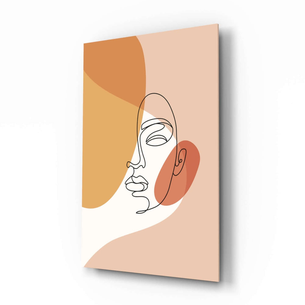 Boho line woman profile cinematic glass wall art over walnut console in designer bedroom