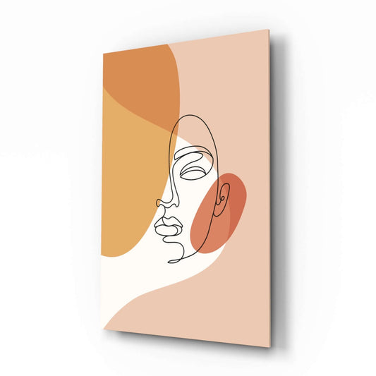 Boho line woman profile cinematic glass wall art over walnut console in designer bedroom