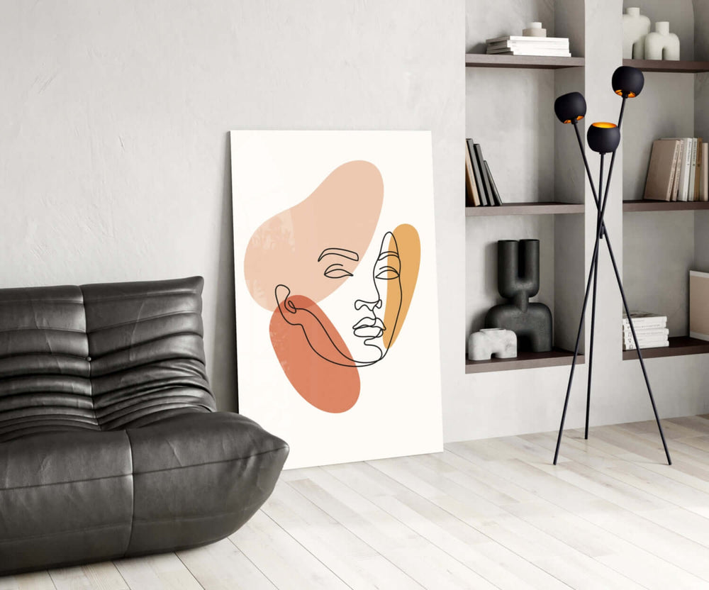 Picasso-line-drawing cinematic glass wall art beside master-bedroom dressing table