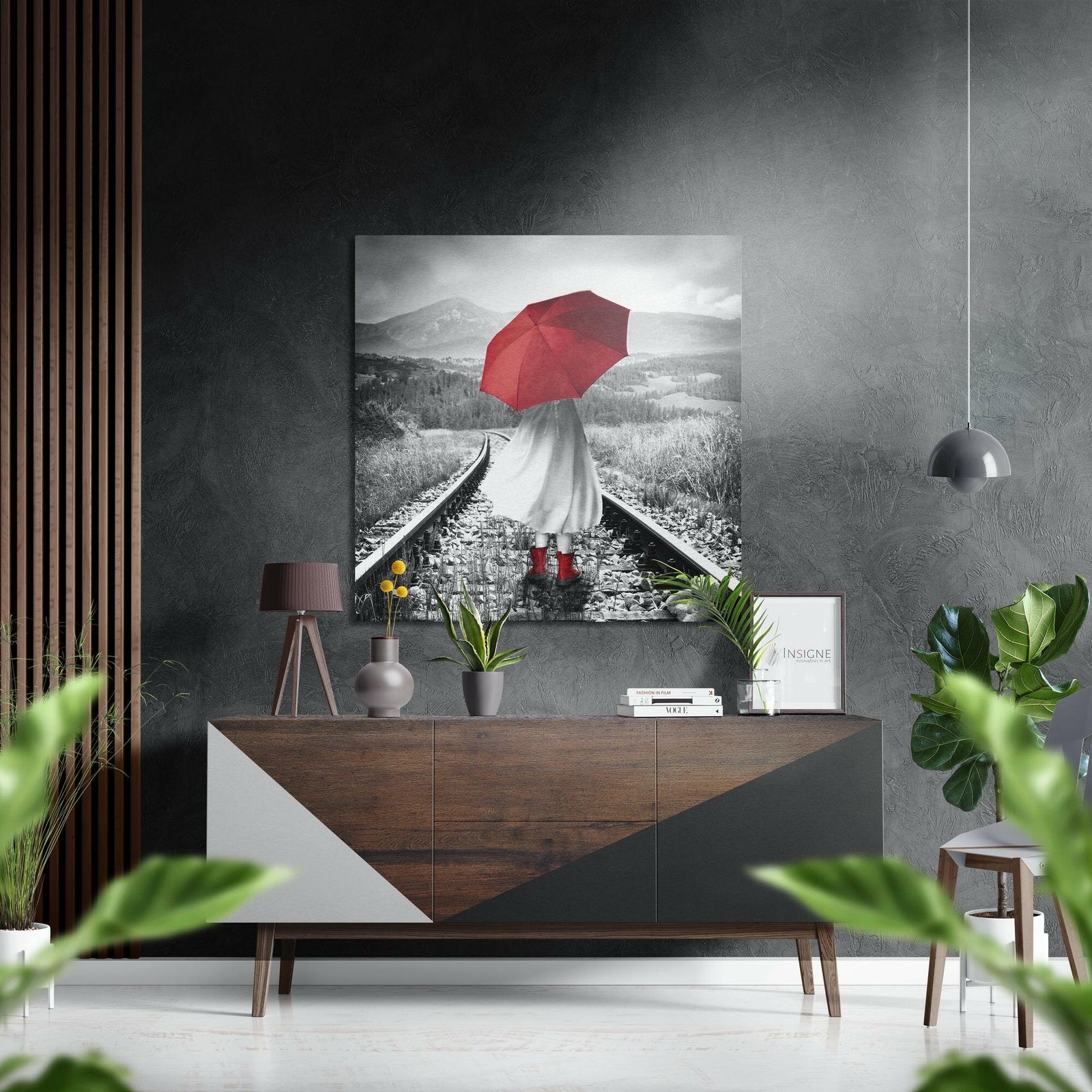 Red Umbrella Brushed Aluminium Dibond Wall Art