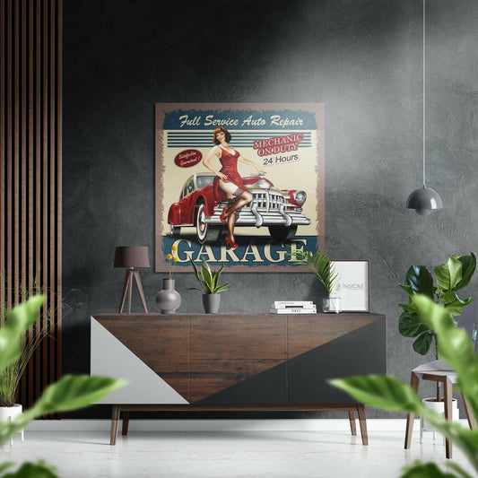 Vintage Garage Brushed Aluminium Dibond Wall Art.