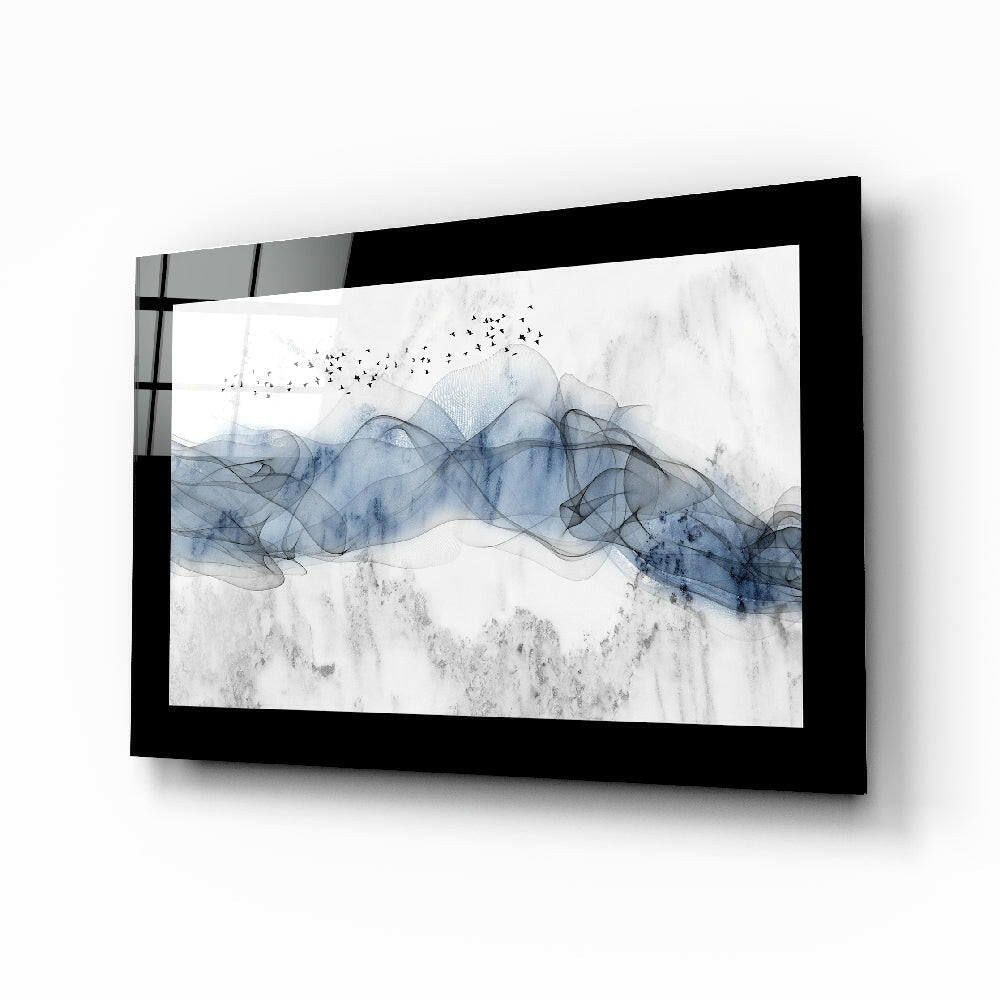 Blue Nebula glass wall art displayed above a bed in a bedroom