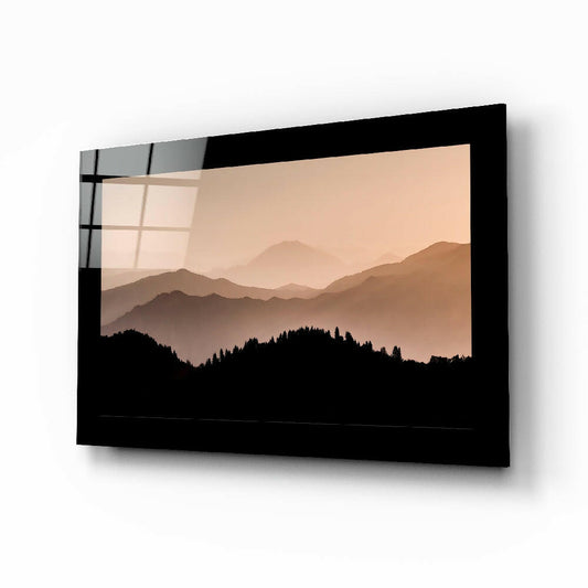 Foggy Horizons glass wall art displayed above a bed in a bedroom
