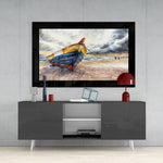 Fishing Boat glass wall art styled above a console in a reading nook