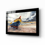 Fishing Boat glass wall art displayed above a sideboard in a coastal cottage