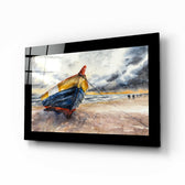 Fishing Boat glass wall art displayed above a sideboard in a coastal cottage