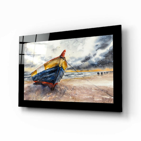 Fishing Boat glass wall art displayed above a sideboard in a coastal cottage