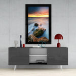 Sunset on the Beach glass wall art styled above a console in a meditation room