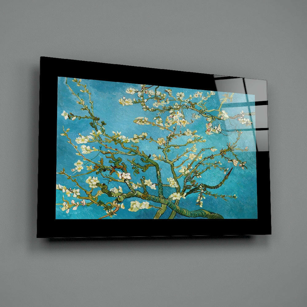 Turquoise Almond Flowers Glass Wall Art.