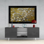 Gold Almond Flowers glass wall art styled above a console in a reading nook