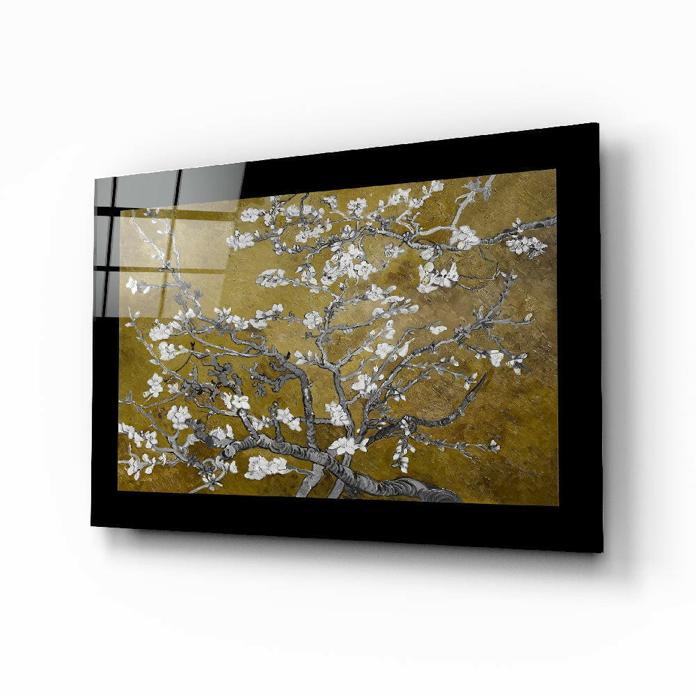 Gold Almond Flowers glass wall art displayed above a sideboard in a dining room