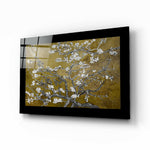 Gold Almond Flowers glass wall art displayed above a sideboard in a dining room