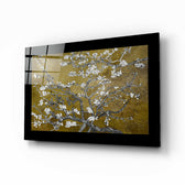 Gold Almond Flowers glass wall art displayed above a sideboard in a dining room