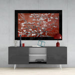 Maroon Almond Flowers glass wall art styled above a console in a study