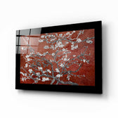 Maroon Almond Flowers glass wall art displayed above a sideboard in a dining room