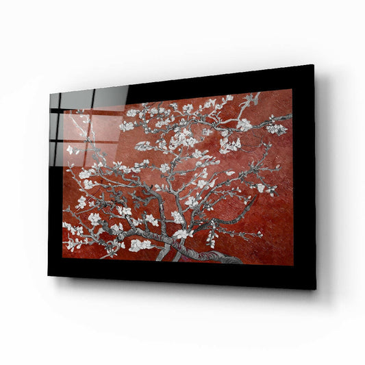 Maroon Almond Flowers glass wall art displayed above a sideboard in a dining room
