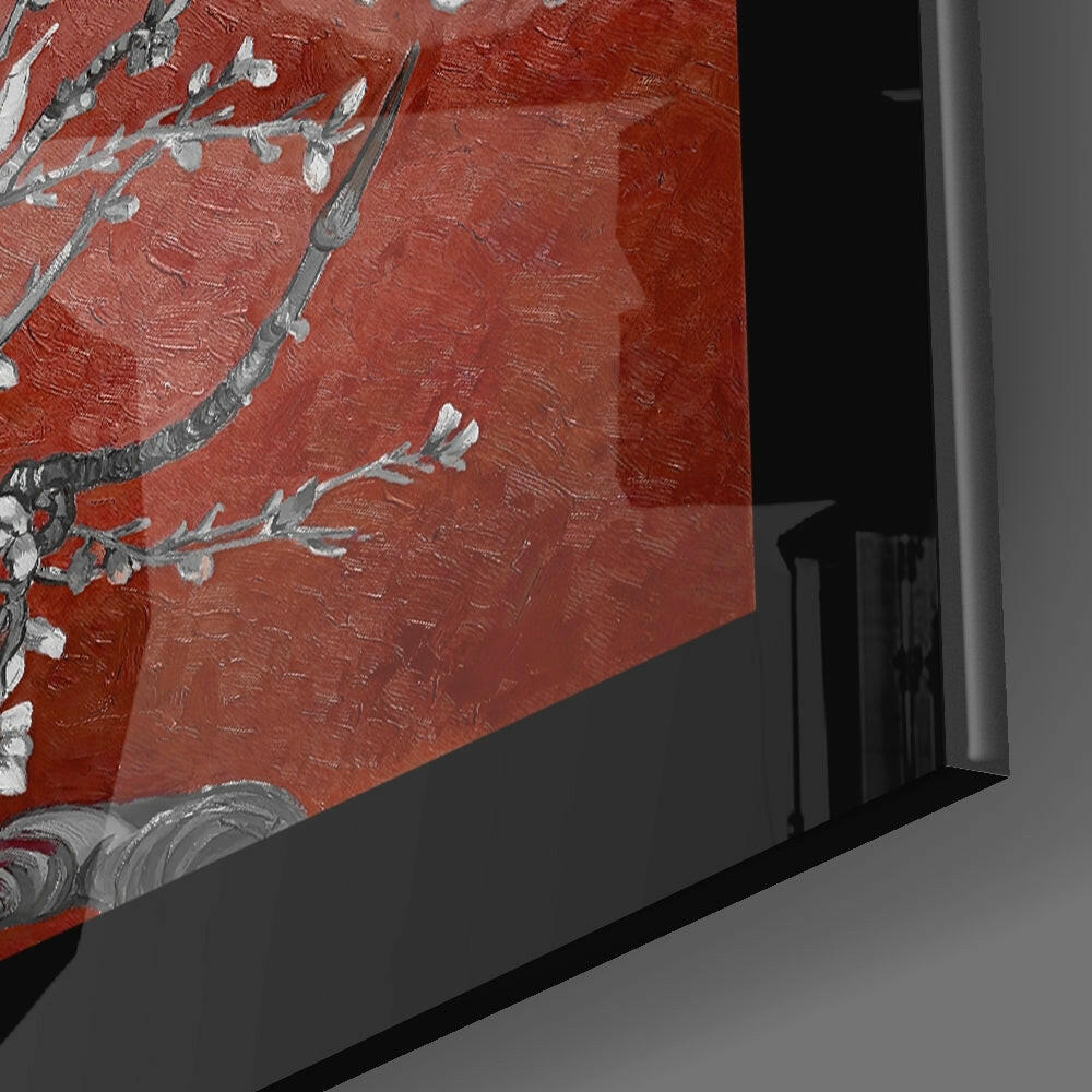 Maroon Almond Flowers Glass Wall Art.