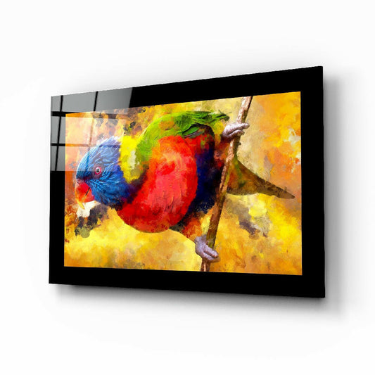 Tropical Parrot glass wall art displayed above a console in a sunroom