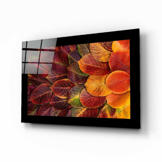 Autumn Leaves glass wall art displayed above a sideboard in a dining room