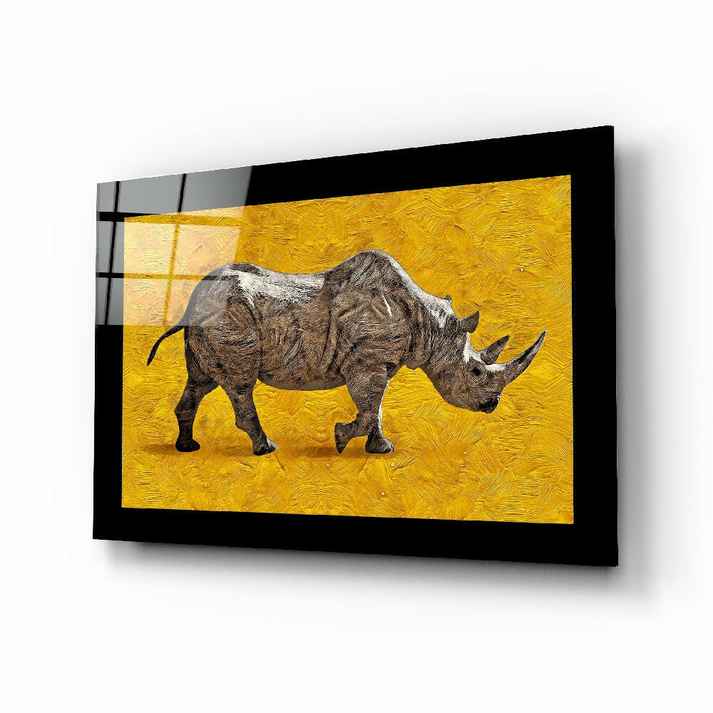 Rhino glass wall art displayed above a sideboard in a study