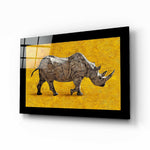 Rhino glass wall art displayed above a sideboard in a study
