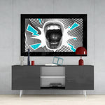 Scream glass wall art styled above a console in a home bar